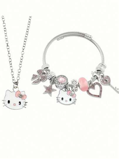 1 Set, Conjunto de Collar+Pulsera, Conjunto de Joyería con Tema de Dibujos Animados Lindos para , Conjunto de Pulsera de Aleación de Zinc con Cristales Brillantes, Accesorio de Moda, Incluye Collar y Pulsera, Adecuado para Uso Diario y Regalo, Perfecto para el Día de San Valentín