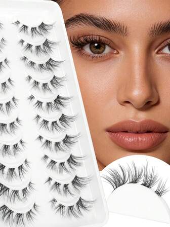 10 pares de pestañas postizas con mango transparente, diseño de cola de sirena segmentada negra