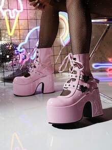 2026 New Sexy Sweet Patent Leather Platform Chunky Heel Shoes, Heart & Spider Web Lace-Up Hollow-Out Ankle Boots - Pink - View 3