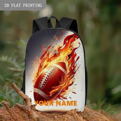 1pc Customized Personalized Football Backpack - Flame And Football Design, Large Capacity 15-Inch Laptop Bag, Durable Polyester School, Travel, And Sports Backpack - For Football Fans, Students, Personalized Backpack, Travel Laptop Bag, Adjustable Straps, Work Bag, Sturdy Construction, Office Staff, Valentine's Day, .