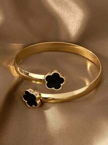 1件小众设计金属光滑五瓣花开口手镯，四叶草手镯，女孩款 - 黑色 - 查看 4