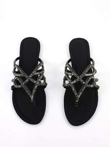 女士奢华全镶钻链条镂空装饰黑色莱卡面料舒适圆头平底拖鞋，适合日常穿着和派对场合