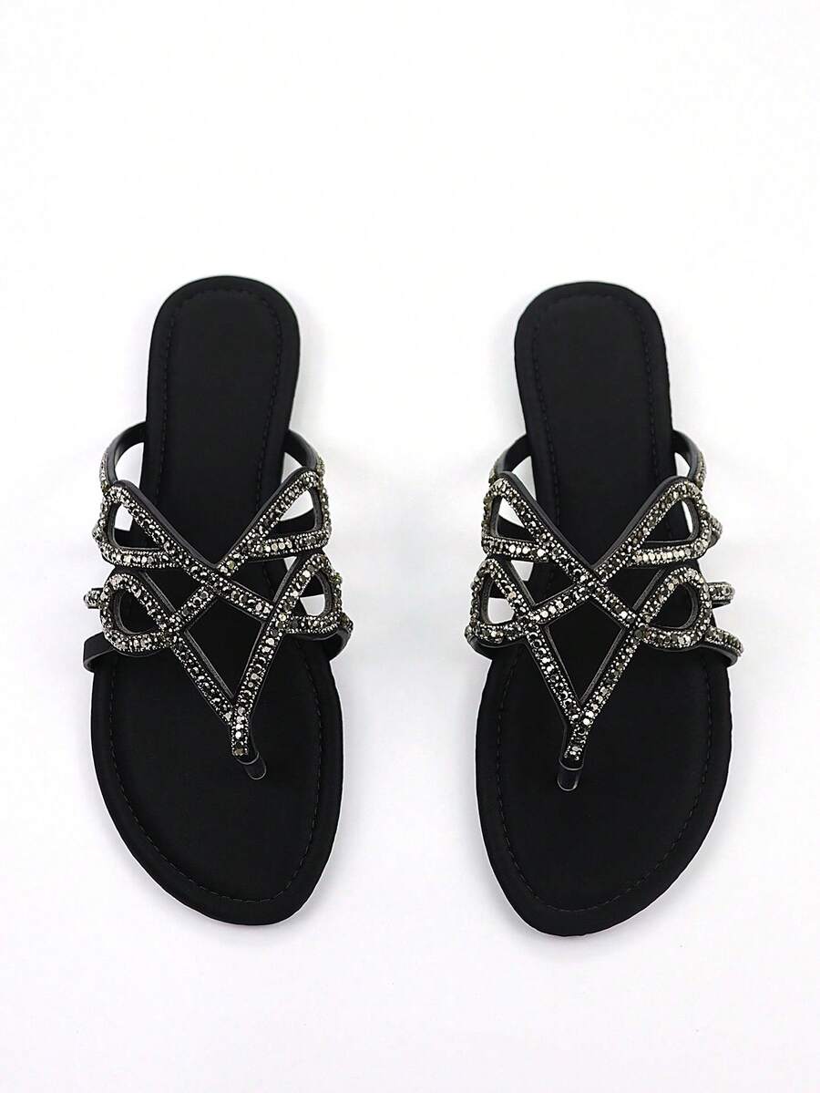 女士奢华全镶钻链条镂空装饰黑色莱卡面料舒适圆头平底拖鞋，适合日常穿着和派对场合