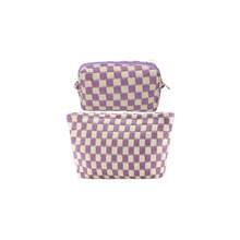 ZLFSRQ 2Pcs Checkered Makeup Bag For Women Large Small Checkered Cosmetic Bag Set Aesthetic Preppy Pencil Case Cute Pencil Pouch Purple Makeup Pouch For Purse Travel Toiletry Bags Zipper Skincare Bags - B-格子2件裝混紫色 - 查看 1