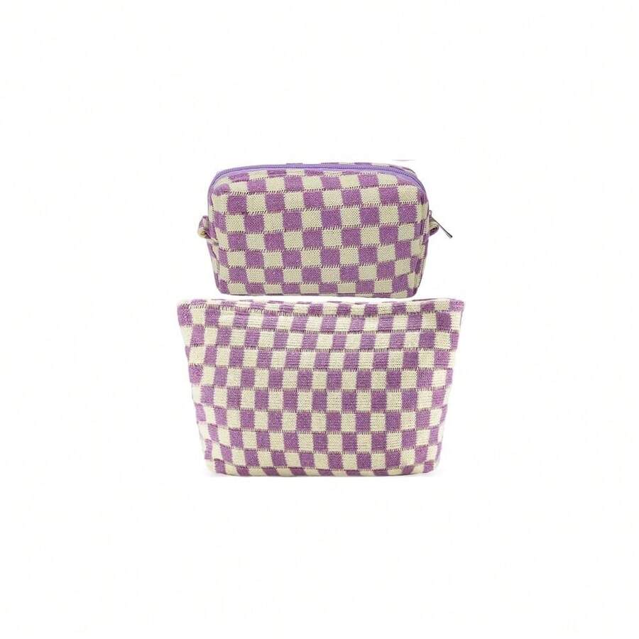 ZLFSRQ 2Pcs Checkered Makeup Bag For Women Large Small Checkered Cosmetic Bag Set Aesthetic Preppy Pencil Case Cute Pencil Pouch Purple Makeup Pouch For Purse Travel Toiletry Bags Zipper Skincare Bags - B-格子2件裝混紫色 - 查看 1