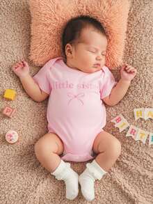 Mono de burbujas para bebé recién nacido, niña, manga corta, lazo bordado para hermana pequeña, camiseta extragrande, camisetas a juego para hermanos, atuendo para revelar el embarazo, ropa de verano - Rosa - Ver 3
