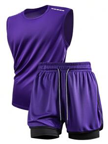 男士运动休闲套装（2件套），无袖上衣T恤，跑步、健身、训练服裤子，户外运动背心无袖上衣