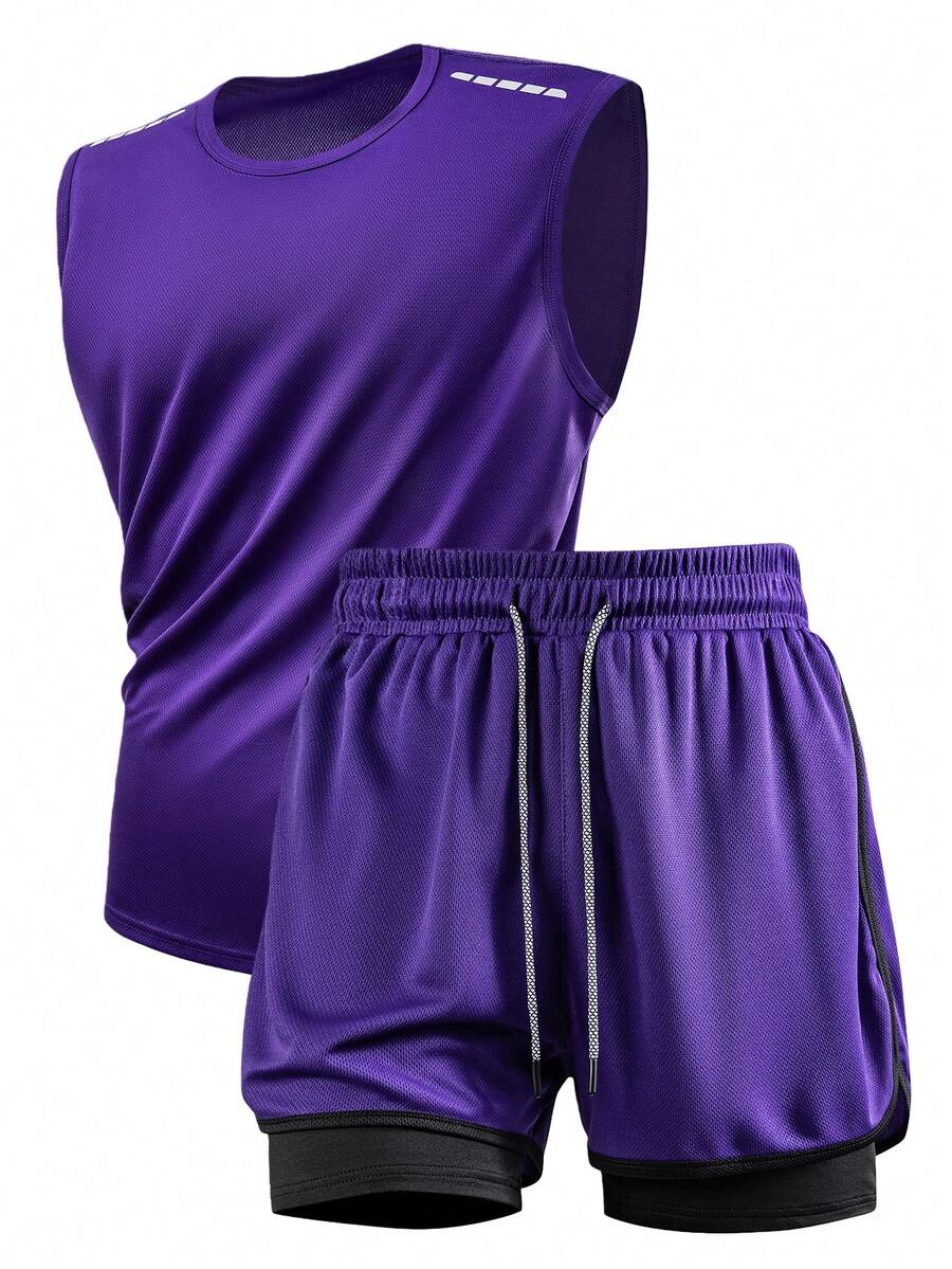 男士运动休闲套装（2件套），无袖上衣T恤，跑步、健身、训练服裤子，户外运动背心无袖上衣