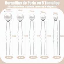 50 Piezas de Horquillas de Perlas,Accesorios para el Cabello de Novia con Perlas,5 Tamaños,Elegantes Accesorios para el Cabello Retro en Forma de U con Caja Blanca de Almacenamiento,Plateado(default) - Multicolor - Ver 3