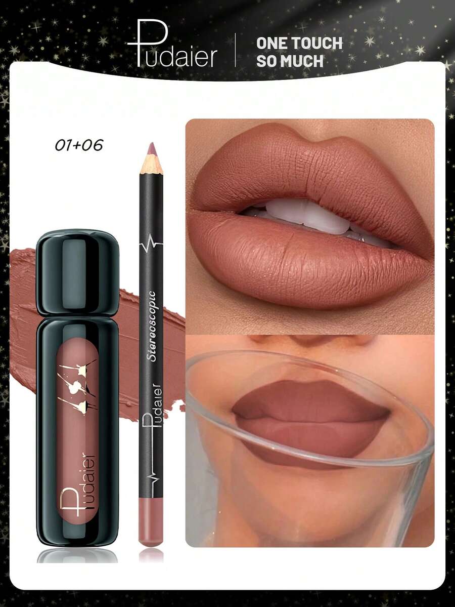 Pudaier 2pcs Waterproof Lip Liner Set, Natural Long-Lasting Makeup, Suitable For All Skin Tones, Available In Pink, Purple And Red Colors - 01+06 - View 1