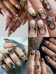 3D Flatback Retro Black Gold Hibiscus Flowers Nail Art Accessories With Various Shapes Floral White Pearls Jewelry Gems Diy Craft Decoration,Retro-Style Nail Gems Nail Salon Supplies