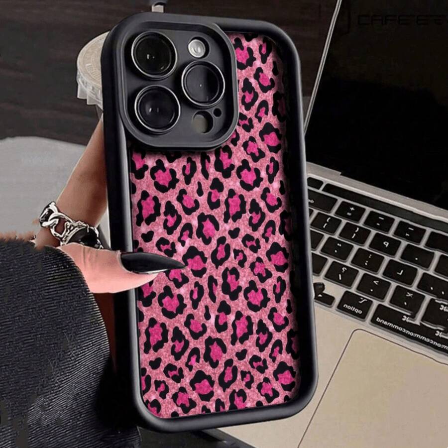 Funda de teléfono de alta calidad en negro con estampado de leopardo rosa fuerte y a la moda para modelos de 11, 12, 13, 14, 15, 16 Pro Max, Plus, X, XR, XS, XS Max, 7, 8 Plus con recortes precisos, protección de carcasa suave a prueba de golpes, perfecta para regalos de Navidad y Año Nuevo. Funda para teléfono a prueba de golpes, impermeable, resistente a caídas y a rayones - 1 pieza - Ver 1