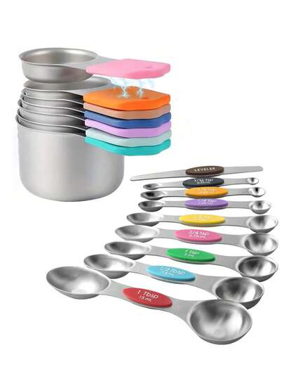 9pcs Premium Stainless Steel Magnetic Measuring Spoon Set, Double-Ended, For Dry & Liquid Ingredients, Coffee, Baking - Kitchen Utensils And Accessories