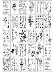 (30 Stück/Set) Künstlerisches Design temporäre Tattoo Aufkleber, enthaltend Schmetterling, Buchstaben, Baumzweig, Sternenhimmel, Rosenblumen Elemente Kombination, minimalistische schwarze Muster, Schmetterling & Sternenlicht, geeignet für Ärmel, Gesicht, Finger, Hals, tägliche Dekoration, Fotografie, Dates, Reiseaccessoire - Schwarz - Übersicht 9