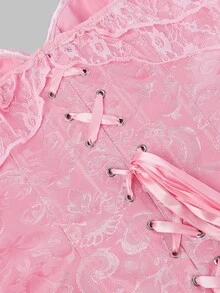 1件加大码女士复古宫廷风蕾丝胸衣，露肩系带露背紧身正式礼服，婚礼服饰 - 粉色 - 查看 8