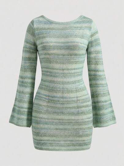 2026 Women's Spring/Summer New Fashion Elegant French Striped Halter Backless Knit Mini Green Dress, Suitable For Daily, Date, Commute, Beach Vacation, Spring Dress, Women's Valentine's Day, Summer Outfit, Women's Concert Outfit, Women's Graceful Dress