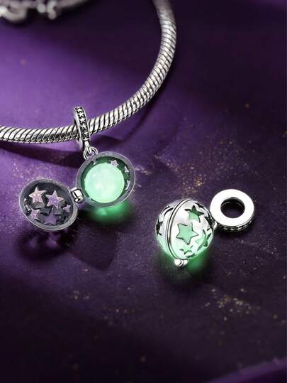 1 Piece Original Silver Color Luminous Spherical Bead Pendant Exquisite Hollow Star Pattern, Fluorescence Nighttime Shine, Hypoallergenic Fine Jewelry For Bracelets & Necklaces Delicate Celestial Design