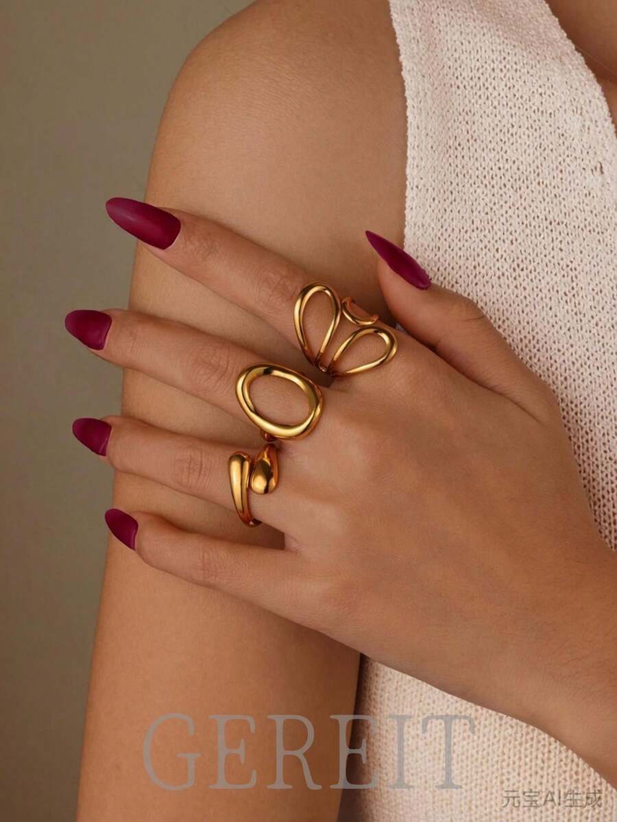 GEREIT 3pcs 18K Stainless Steel Chain O-Line Design Ring Set, Suitable For Women's Daily Wear - Gold - View 1