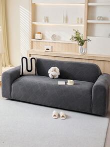 1pc Geometric Line Jacquard Plush Sofa Cover, Minimalist Elastic One-Piece Sofa Slipcover, Pet-Friendly Anti-Slip Anti-Dirty, Machine Washable, All-Season Full Wrap Sofa Protector, Comes With 1 45x45cm Pillow Case - Dark Grey - View 6