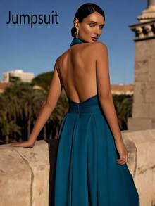 Solid Color Knit Backless Jumpsuit For Wedding, Holiday, Party - Teal Blue - View 4