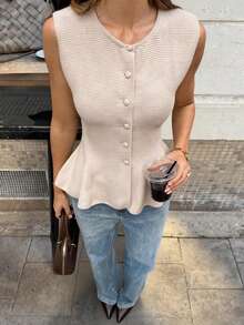 Women's Apricot Round Neck Sleeveless Ruffled Hem Knit Top, New Solid Color Simple Elegant Commuter Cardigan, Casual Slim Fit Ribbed Knit Vest Summer - Apricot - View 9