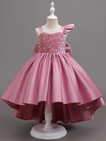 Girls' Princess Dress With Cute Puff Sleeves, Sequin Jacquard Fabric, Puff Skirt, Elegant Short Front Long Back Design, Suitable For Graduation Ceremony, Party, Ball Gown