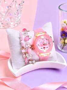 3pcs/Set Soft Silicone Strap Crown Princess Fashion Creative Lighting Quartz Wrist Watch, Pendant Bracelet Jewelry Set, Gift For Daughter