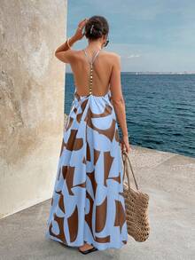 Doriss 夏季风格露背吊带串珠印花长款吊带连衣裙，情人节装扮，优雅女士装扮，海滩装扮，感恩节装扮，毕业典礼装扮，音乐会装扮，早午餐装扮，节日装扮 - 彩色 - 查看 2