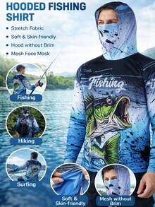 男士户外衬衫，采用速干面料，长袖设计，带防晒帽，适合钓鱼和徒步旅行，附赠口罩