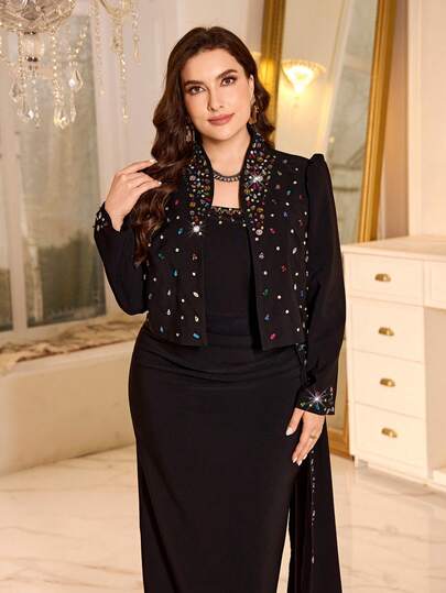 大码女式纯色手工水钻装饰多色水钻优雅不对称荷叶边无袖连衣裙配开衫两件套，适合宴会、办公室、晚宴、聚会等场合，柔美优雅的正式礼服