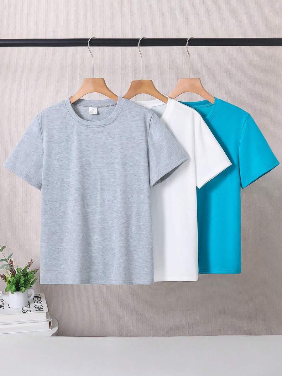 3件套休闲纯色圆领短袖百搭T恤,适合青少年男孩,舒适轻便,夏季穿着 - 彩色 - 查看 1