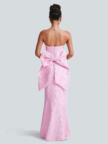提花无肩带长款鱼尾连衣裙，配超大蝴蝶结，适合派对和晚宴穿着 - 粉色 - 查看 2