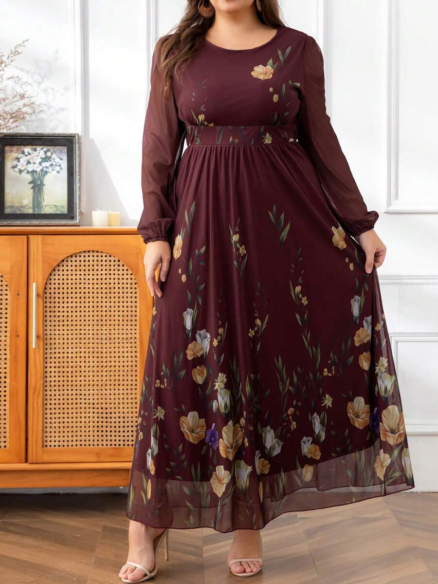 DEARCASE Plus Size Elegant Printed Lantern Sleeve A-Line Dress Spring Vacation - Multicolor - View 1