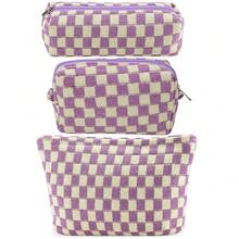 ZLFSRQ 3Pcs Checkered Makeup Bag For Women Large Small Checkered Cosmetic Bag Set Aesthetic Preppy Pencil Case Cute Pencil Pouch Purple Makeup Pouch For Purse Travel Toiletry Bags Zipper Skincare Bags - B-格子3件組混合紫色 - 查看 2