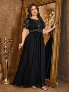Abendkleid für Damen in Große Größen mit rundem Ausschnitt, regulären Kurzarmen, Pailletten-Patchwork und ausgestelltem Chiffon-Rock für Partys - Schwarz - Übersicht 5