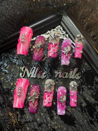 10pcs AcrylicPress On Nails Long Square Nails,Purple&Pink&Rose Red Nails,Purple&Rose Red French,Purple&Rose Red Tie Dyeing,Hand Drawn Spot& Geometric Patterns&3D Stereo Fluorescent Water Droplet Pattern Features,Paired With 3D Stereo Star Moon&Steel Ball Nail Accessories Decoration