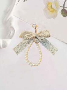 Faux Pearl Bow Mobile Phone Lanyard Keychain Versatile Bag Charm - Beige - View 4