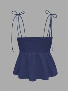 女款休閒 Y2K 無袖荷葉邊前綁帶修身細肩帶上衣，優雅法式極簡短版背心，適合度假、辦公與外出，春夏秋季穿搭 - 藏蓝色 - 查看 6