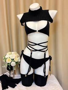 Sexy Cutout Knit Bikini Sweater Cosplay Set For Women – High Neck Anime-Inspired Doll Style Costume, 7-Piece Outfit With Top, Bikini, Gloves, Socks & Garter - 黑色 - 查看 9