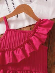 2件套 女童荷叶边吊带上衣+高腰短裤，粉色，春夏款 - 玫紅色 - 查看 5