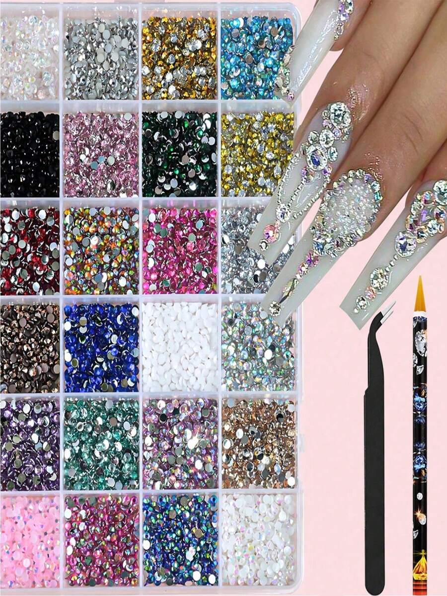 Hộp 24 miếng dán trang trí móng tay hình đá quý, tự làm đá quý nhiều màu sắc, thích hợp cho mặt, mắt, tay, móng tay, đá đính phẳng, pha lê trong suốt, bao gồm bút gắp và nhíp, trang trí móng tay.