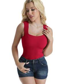 Women's Built-In Bra Tank Top Wide-Strap Square Neck  Ribbed Slim Fit Summer Wirefree Shelf Padded Tank Shirts - 紅色 - 查看 5
