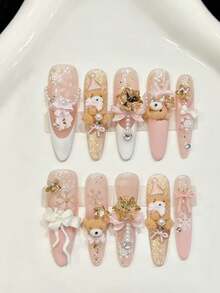 10PCS Long Stiletto Handmade Press On Nails For Party And Daily Wear,Pink Nail ,Shining Bright ,Pink Gold Bear Girl Heart Butterfly Snowflake,Easy To Wear 10pcs Y2K Handmade Press On Nails,Shining Bright ,Suitable For Girls And Women Festivals Parties And Daily Wear Nail Supplies - Pink - View 11