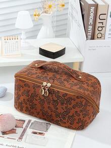 1 PC Dark Brown Paisley Handbag With A Sophisticated Feel Make Up Bag,Fashionable And Casual Large Capacity Portable Zipper Makeup Bags,Travel And Vacation Essentials Cosmetic Bags For Sanitary Napkins,Pouch Pads,Wired Earphones - 亮橙色 - 查看 3