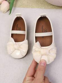 1 Pair Girls' Lace Bow Soft Bottom Round Toe Sweet Cute Princess Style Slip-On Flat Shoes, Suitable For Spring & Autumn - Beige - View 3