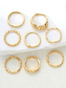 8pcs Vintage Coin Boho Punk Minimalist Asymmetrical Stacking Rings Set, Suitable For Daily Wear, Birthday/Valentine's Day Gift For Her (No Box) - Yellow Gold - View 8