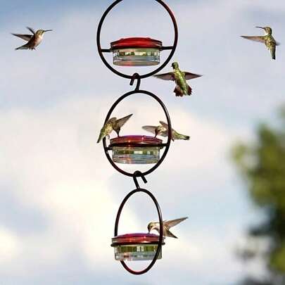 3pcs Metal Hanging Hummingbird Feeder With Red Glass Bottles, Transparent Design & Perches - No Electricity/Battery Needed, Attracts Birds To Garden, Outdoor Use, Hummingbird Feeders For Outdoors Hanging, Bird Feeding Station, Decorative Bird Feeder, Nopower Needed Feeder, Durable Bird Feeder