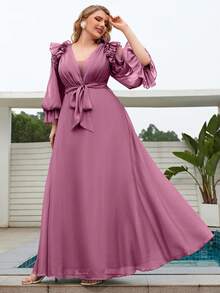 Đầm voan mỏng nhẹ, tay phồng, cổ chữ V, xếp ly, thắt eo, chất liệu chiffon mềm mại, thanh lịch, thích hợp cho đám cưới, tiệc mùa xuân. - Bụi hồng - Xem 4