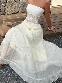 EARO Chic Chân váy xếp tầng nhiều lớp màu trắng phong cách Bohemian mùa hè dành cho nữ, cạp cao với dây ren, kiểu dáng thướt tha và tôn dáng. - Màu be - Xem 5