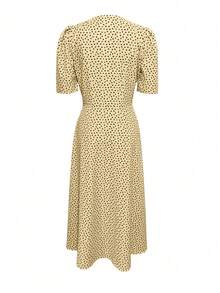 Vestido de vacaciones para mujer, vestido de línea A con abertura y estampado de lunares amarillos con lazo, conjunto elegante de playa y vacaciones para primavera/verano - Amarillo - Ver 3